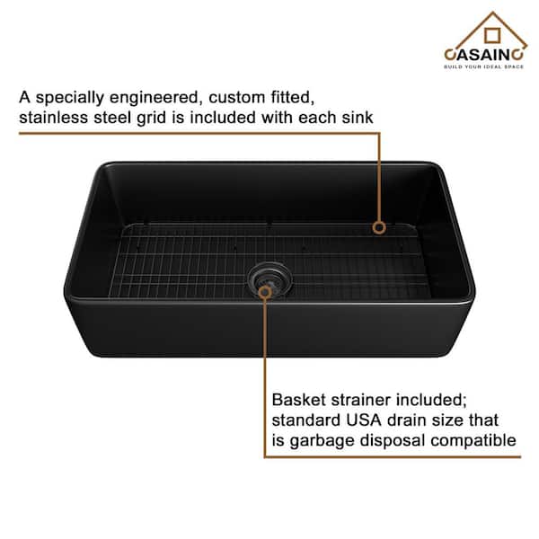 Fireclay 36 in. Single Bowl Farmhouse Apron Kitchen Sink with Grid and Strainers in Matte Black With cUPC Certified