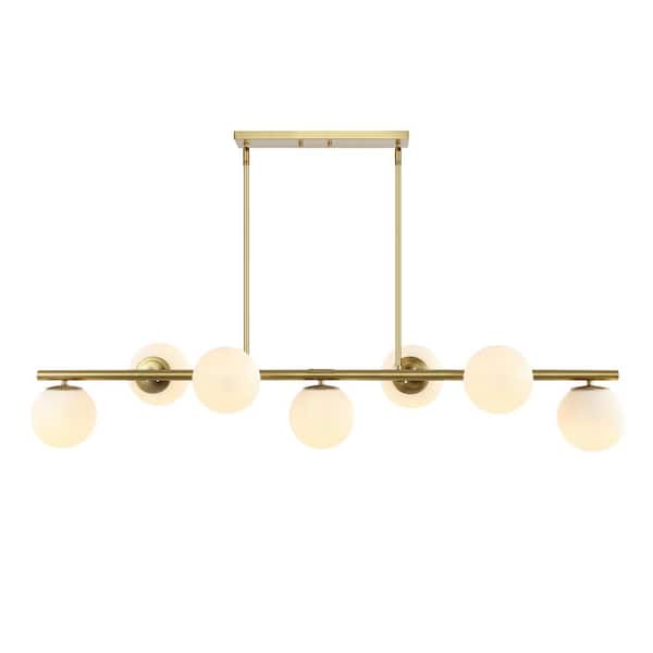 Luca Parisian 53 in. 7-Light Brass Gold/White Modern Glam Iron Globe Linear LED Pendant, Brass Gold
