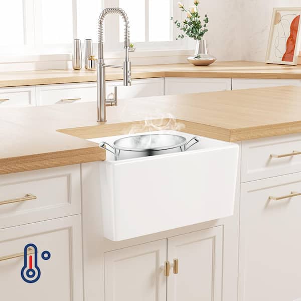 Denbigh Crisp White Ceramic 21 in. Single Bowl Farmhouse Apron Kitchen Sink with Bottom Grid and Pop-up Drain