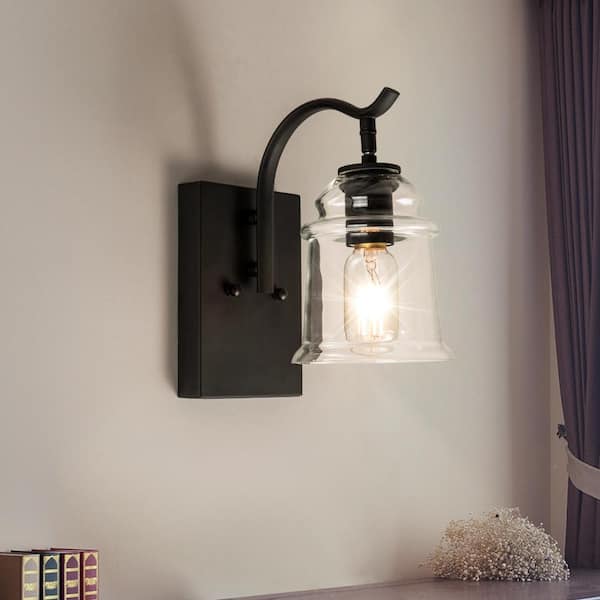 Houston 1-Light Black Dimmable Antique Armed Sconce With Glass Shade (Set of 2)