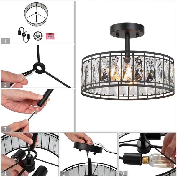 12.5 in. 2-Light Industrial Modern Black Drum Semi Flush Mount Light with Crystal Glass Shade
