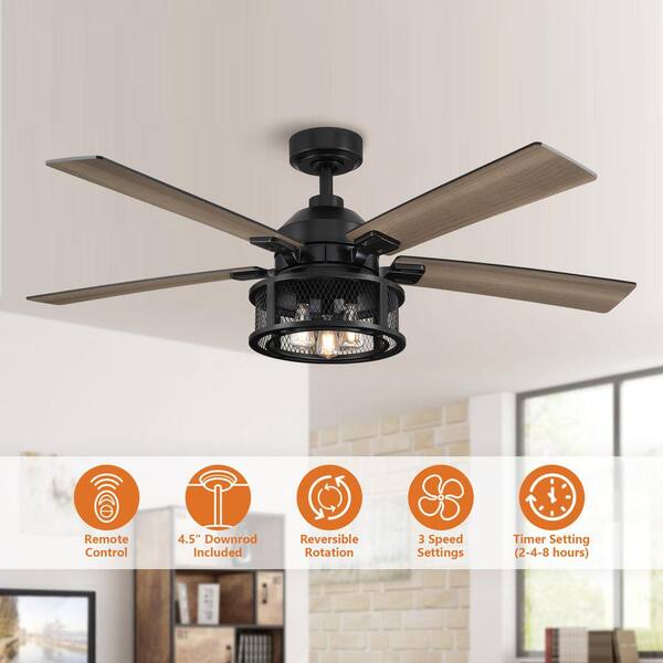 52 in. Industrial Mesh Metal Reversible Blades Black Ceiling Fan with Remote Control and Light Kit