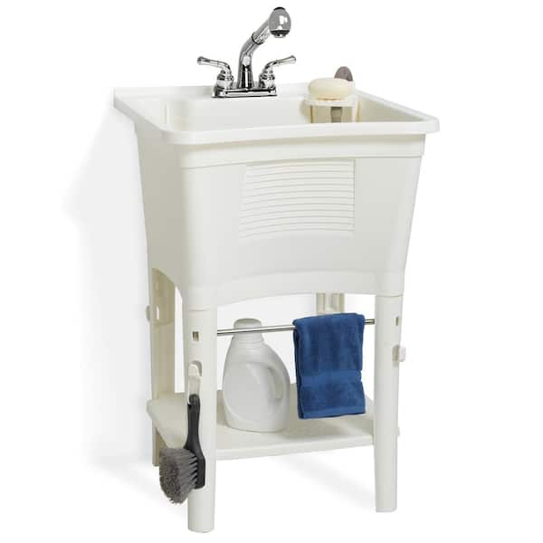 All-in-One 24 in. x 24 in. 20 Gal. Freestanding Laundry Tub in White, with Non-Metallic Pull-Out Faucet in Chrome