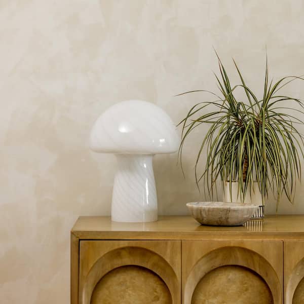 Mushroom 12.75 in. White LED Round Table Lamp with Striped Glass Shade