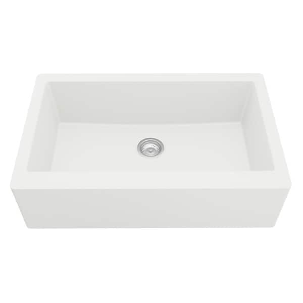 QA-740 Quartz/Granite 34 in. Single Bowl Farmhouse/Apron Front Kitchen Sink in White with Bottom Grid and Strainer