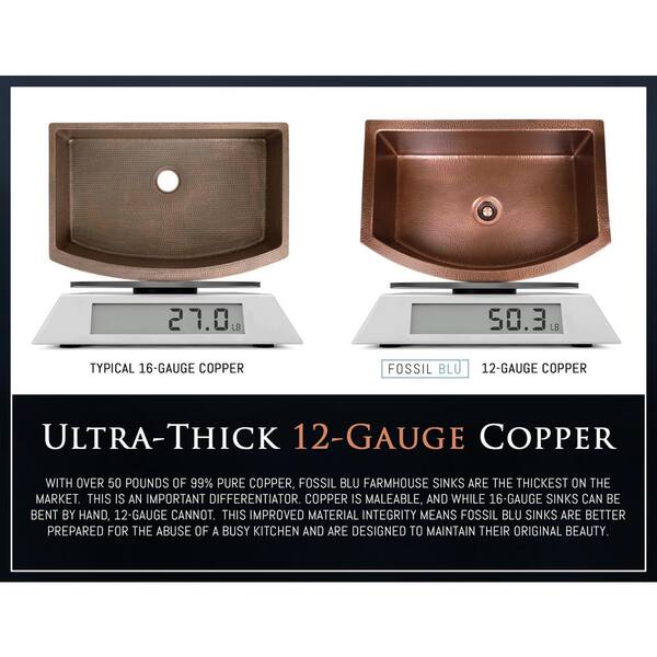 Luxury Medium Patina 12-Gauge Copper 33 in. Single Bowl Farmhouse Apron Kitchen Sink with Accs and Curved Front