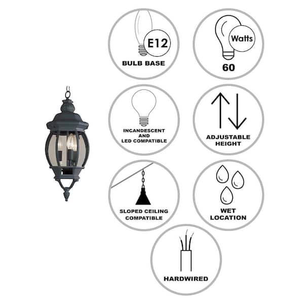 Parsons 3-Light Black Hanging Outdoor Pendant Light Fixture with Clear Glass