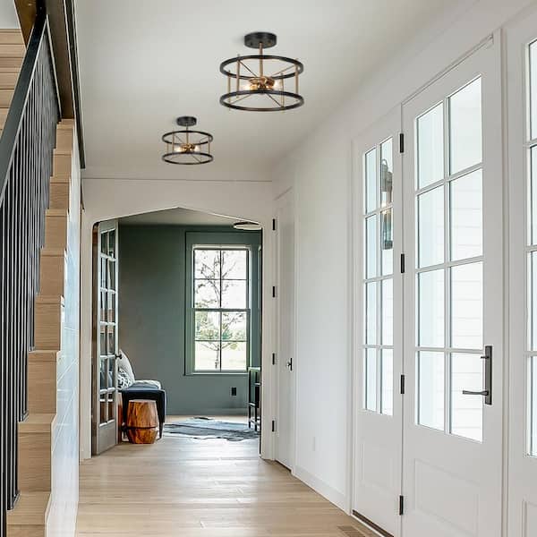 12 in. 2-Light Black Modern Semi-Flush Mount, Brass-Plated Ceiling Light, Farmhouse Open Cage Light Fixture