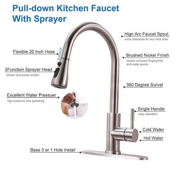 Modern Single-Handle Pull-Down Sprayer Kitchen Faucet with Lead-free in Stainless Steel Brushed Nickel Silver