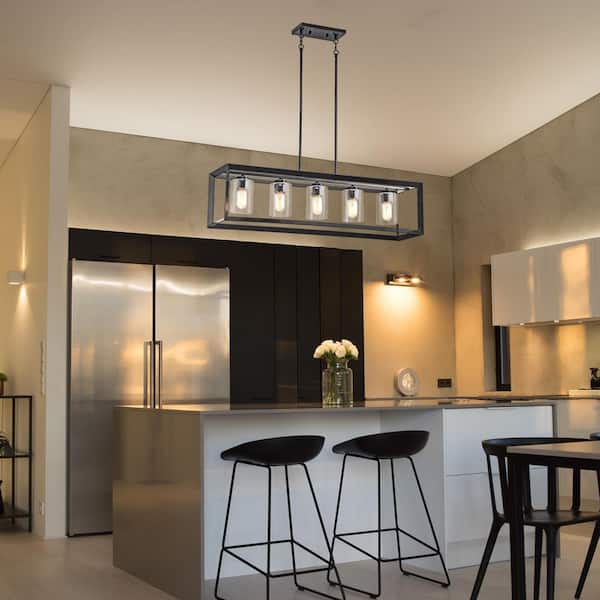 Richard 5-Light Antique Black Rectangular Kitchen Island Chandelier with Seeded Glass Shades