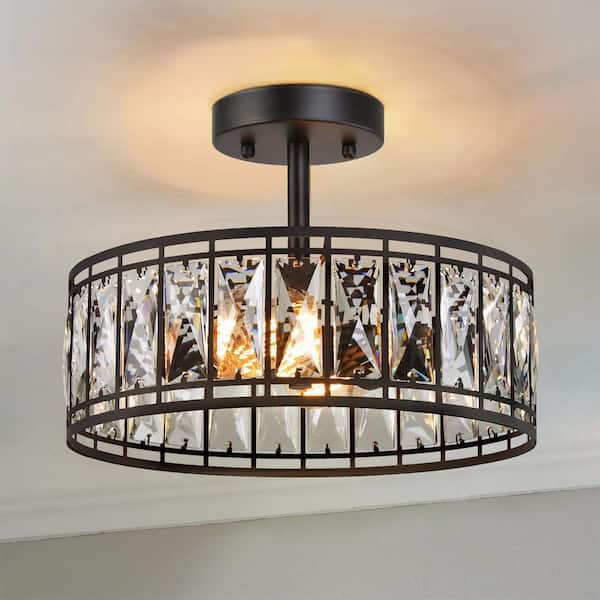 12.5 in. 2-Light Industrial Modern Black Drum Semi Flush Mount Light with Crystal Glass Shade