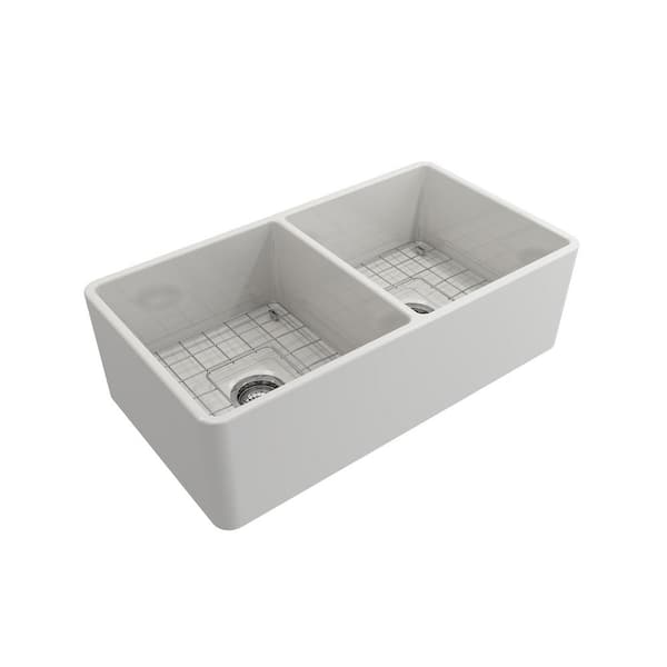 Classico Farmhouse Apron Front Fireclay 33 in. Double Bowl Kitchen Sink with Bottom Grid and Strainer in White