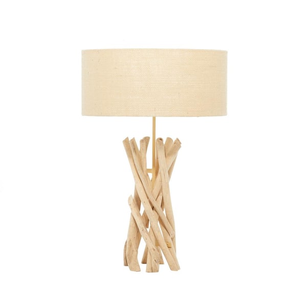 24 in. Light Brown Driftwood Handmade Task and Reading Table Lamp with Cream Linen Shade