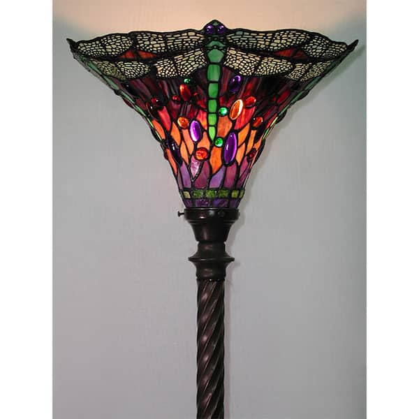 72 in. Antique Bronze Dragonfly Stained Glass Floor Lamp with Foot Switch