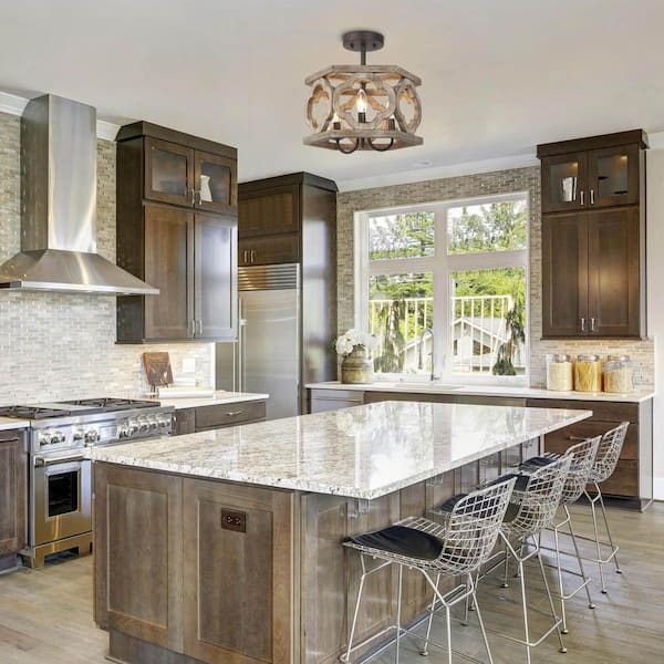 Farmhouse Antique Wood Drum Semi-Flush Mount 3-Light Rustic Kitchen Island Ceiling Lamp with Rusty Bronze Candle Holders