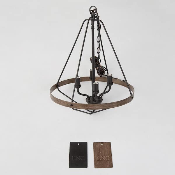 Modern Black Caged Chandelier 4-Light Brown Candlestick Rustic Foyer Chandelier Lamp with Faux Wood Accents