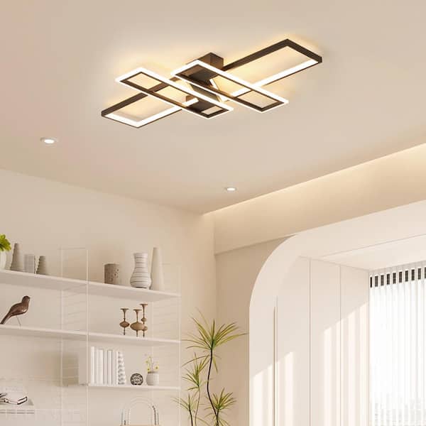 35.4 in. 1-Light Black Modern Geometric Dimmable Selectable LED Semi-Flush Mount Ceiling Light with Remote