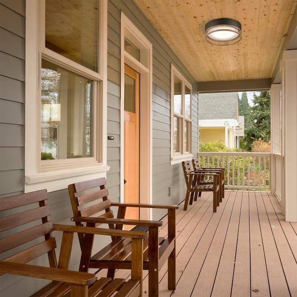 Ray 1-Light Mate Black 18.5-Watt LED Integrated Outdoor Indoor Flush Mount Ceiling Light with Faux Wood Accent