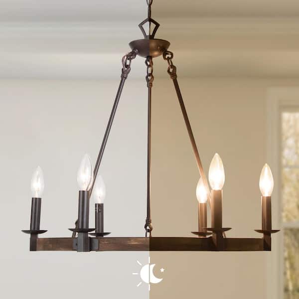 Farmhouse Wagon Wheel Chandelier, 6-Light Distressed Wood Circle Island Light, Rustic Bronze Dining Room Pendant Light