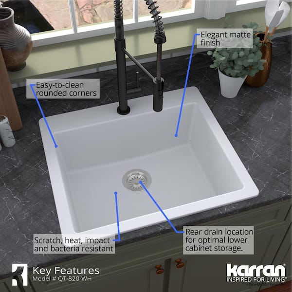White Quartz 25 in. Single Bowl Drop-In Kitchen Sink