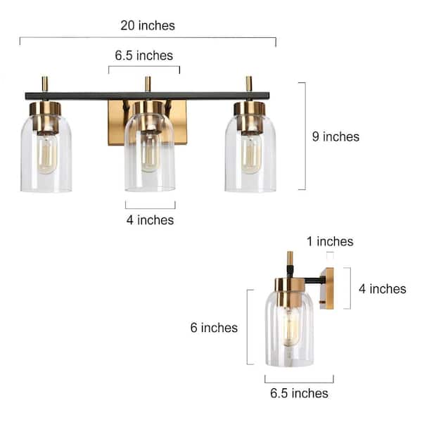 20 in. Modern 3-Light Brass Gold Bathroom Vanity Light, Black Bath Lighting with Cylinder Clear Glass Shades