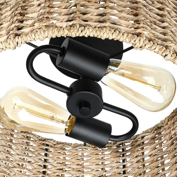 Seymour 13.6 in. 2-Light Black Canopy Rattan Drum Semi-Flush Mount Ceiling Light with Black Canopy
