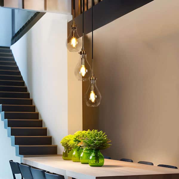 Transitional Kitchen Island Cluster Pendant Light 3-Light Plating Brass Pendant Light with Teardrop Clear Glass Shades