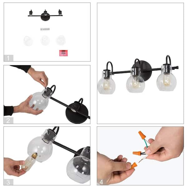 22 in. 3-Light Modern Black Bathroom Vanity Light Farmhouse Wall Sconce with Clear Glass Globe Shades