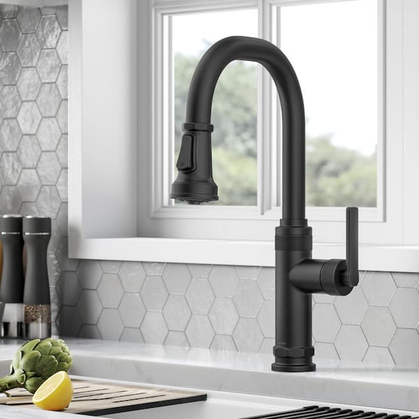Allyn Industrial Pull-Down Single Handle Kitchen Faucet in Matte Black