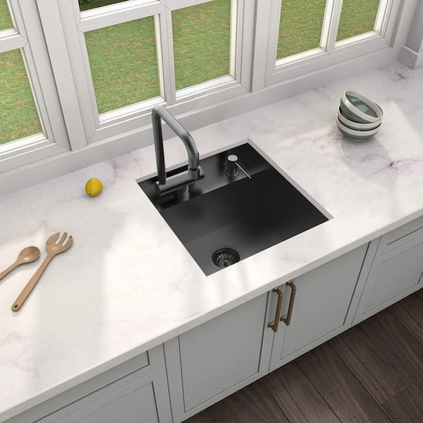 17 in. Undermount Gunmetal Black Stainless Steel Single Bowl Workstation Bar Sink with Black Folding Faucet