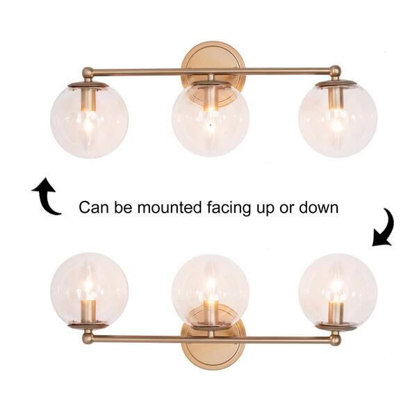 Mid-Century Modern Globe Bathroom Vanity Light 3-Light Brass Gold Round Wall Light with Clear Glass Shades
