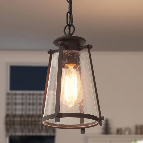 Asaf 1-Light Oil-Rubbed Bronze Mini Lantern Pendant Light with Seeded Glass Shade