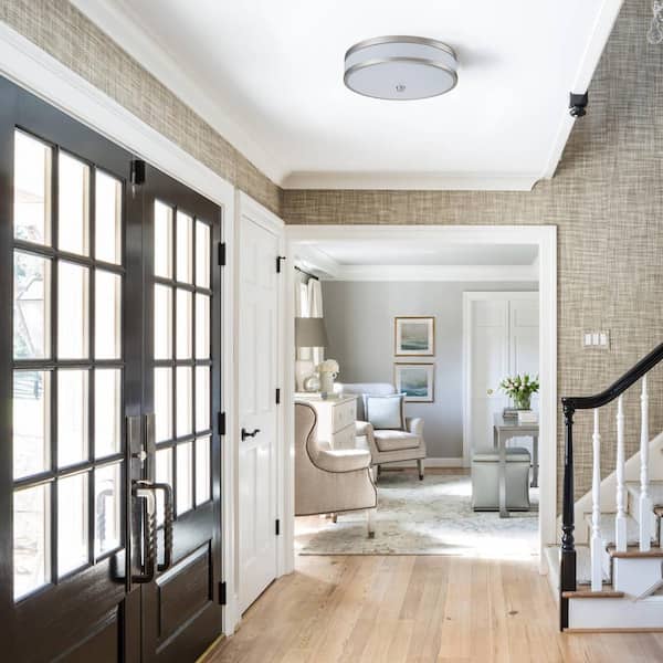 15 in. Watt Equivalence 200-Watt Modern Satin Nickel Dimmable Integrated LED Flush Mount Light with White Acrylic Shade