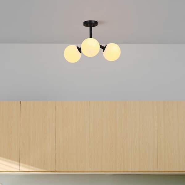 20 in. 3-Light Matte Black Modern Semi-Flush Mount with frosted glass shade and No Bulbs Included