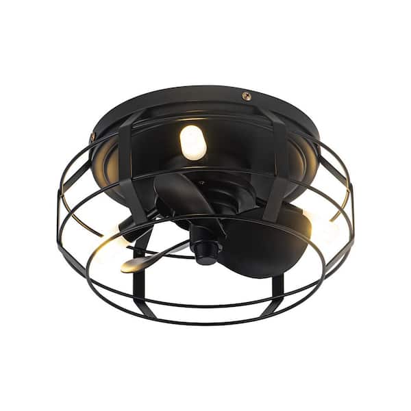 12.2 in. Modern Caged Flush Mount Black Ceiling Fan with Light and Remote Control