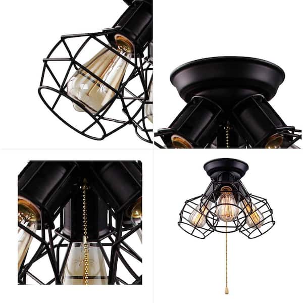 Hine 3-Light Modern Industrial Black Open Cage Semi-Flush Mount Light Versatile Ceiling Light with Pull String