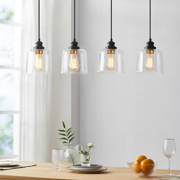 37 in. 4-Light Bronze Farmhouse Kitchen Island Pendant Light with Drum Glass Shade