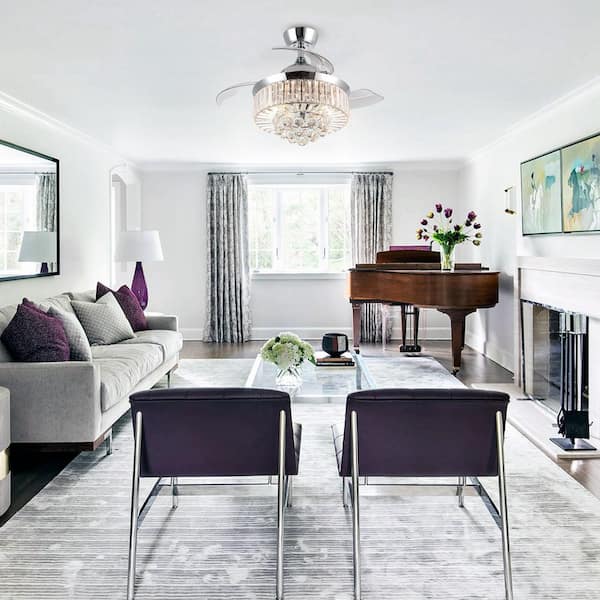 Broxburne 36 in. Modern Chrome Retractable 3-Blade Crystal Ceiling Fan with Light Kit and Remote Control