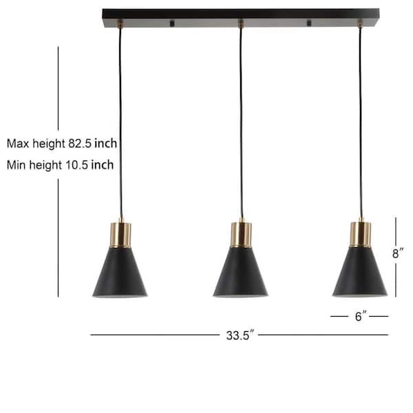 Apollo 33.5 in. 3-Light Adjustable Modern Metal LED Pendant, Black/Brass Gold