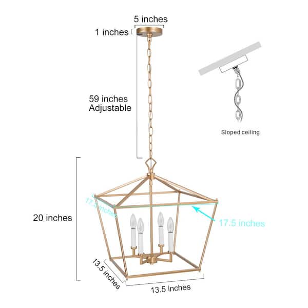 17.5 in. W Gold Chandelier Modern Candlestick Island 4-Light Lantern Cage Linear Geometric Pendant Chandelier