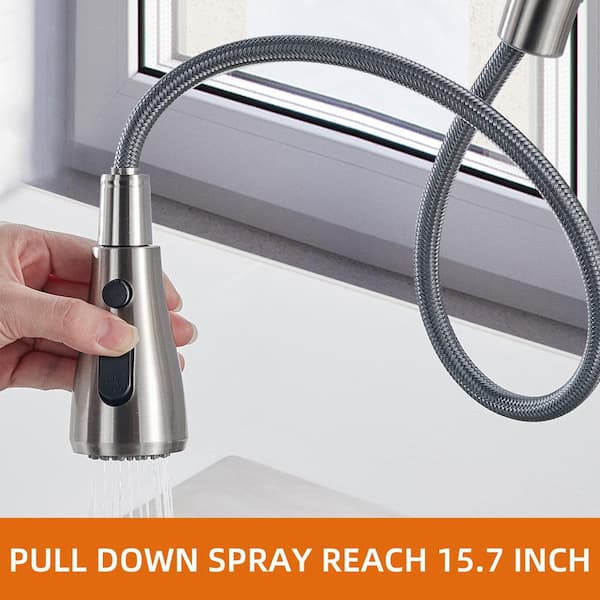 Pause Mode Single Handle Pull Down Sprayer Kitchen Faucet with Deck Plate Included in Brushed Nickel