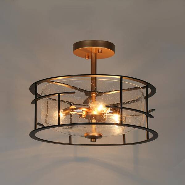 14 in. 3-Light Black Modern Semi-Flush Mount, Seeded Glass Dark Gold Ceiling Light, Farmhouse Open Cage Light Fixture