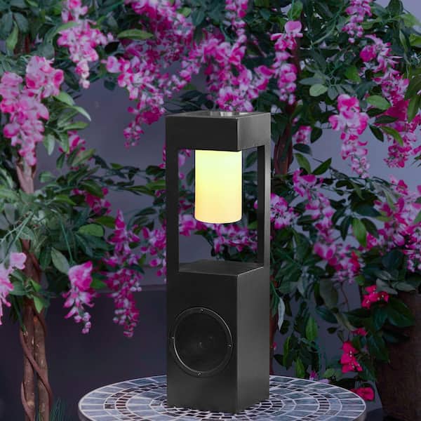 24 in. H Black Modern Outdoor Solar-Powered Metal Lantern with 1 Pendant LED-Light and Bluetooth Speaker