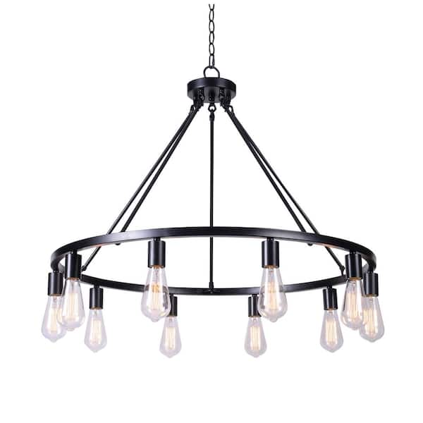 Stratton 10-Light Black Wagon Wheel, Industrial Farmhouse Dining Room Chandelier with Bulbs Included