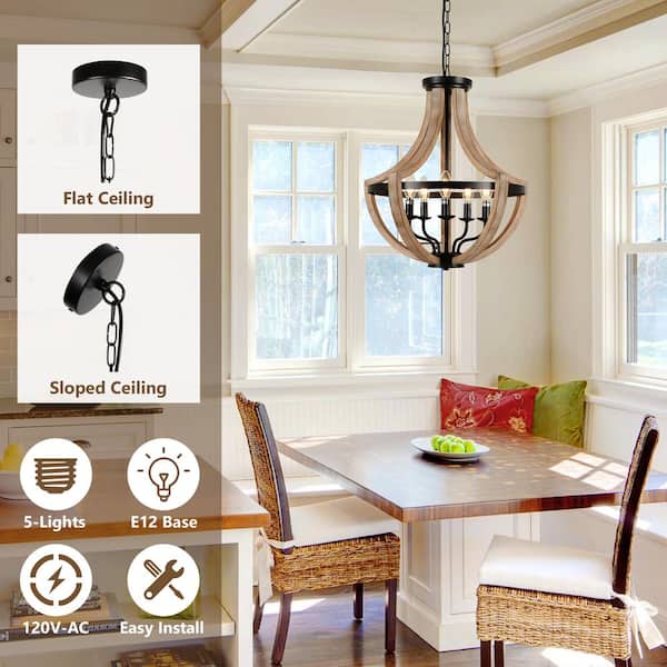 5-Light Semi-Globle Natural Wood Grain Finish Farmhouse Chandelier, Ceiling Light with Adjustable High