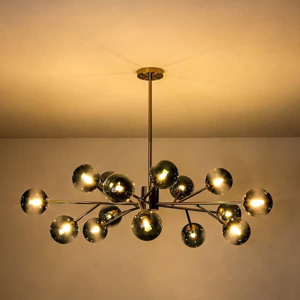 Higginsville 15-Light Farmhouse Gold Sputnik Sphere Linear Pendant Chandelier with Gradient Blue Glass Shade