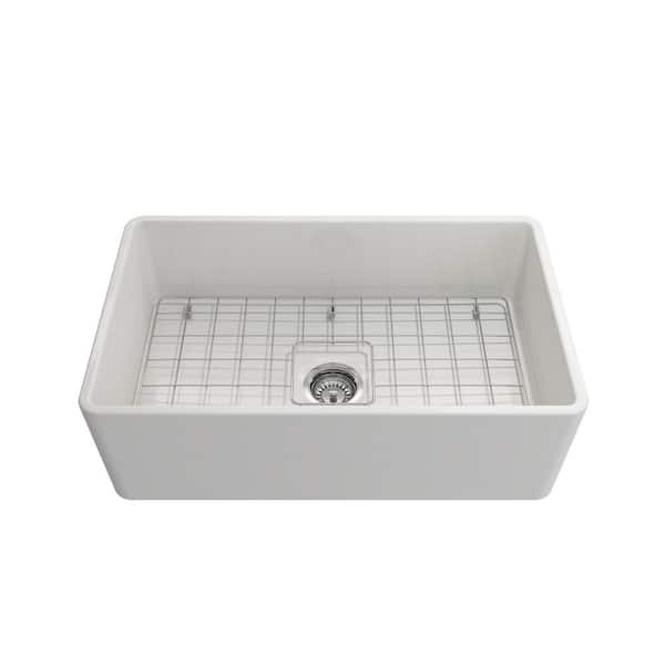 Classico Farmhouse Apron Front Fireclay 30 in. Single Bowl Kitchen Sink with Bottom Grid and Strainer in White