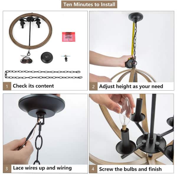 Farmhouse Black Chandelier Globe Cage Candlestick 4-Light Rustic Island Pendant Chandelier with Faux Wood Accent