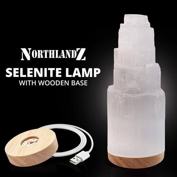 Selenite Crystal Lamp 20 cm, LED Night Light Hand Curved Wooden Base w/Light Moroccan Lamp and USB Cable, (Pack of 1)