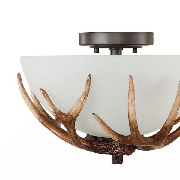 Deer Lake 13 in. 2-Light Handmade Finish Anlter Convertible Semi-Flush Mount